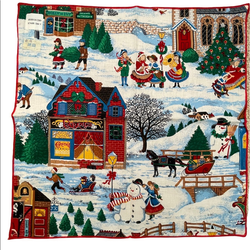 Vintage Christmas Napkins Set of 4 Snowman Carolers Sleigh Ride Holiday NEW NOS